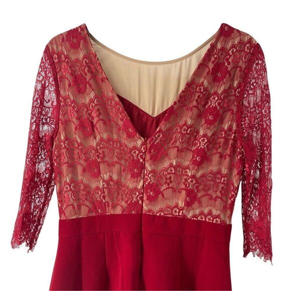 Red Lace Illusion Dress Womens Size Large 3/4 Sleeve Shift Holiday Cocktail Wear - Picture 5 of 7